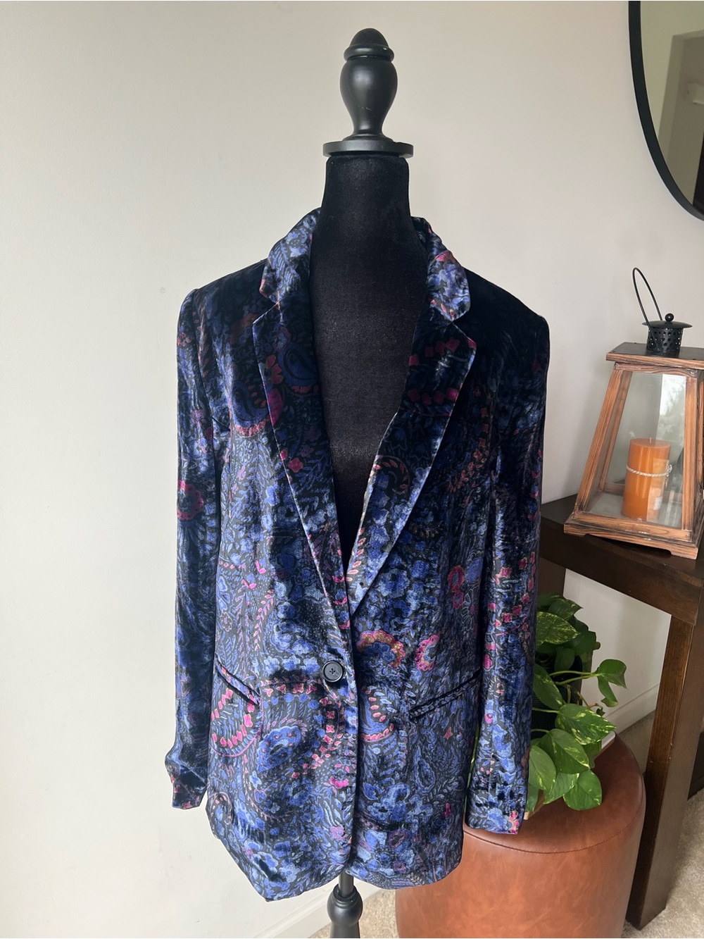 LOFT Navy Velvet Paisley Blazer with Pink Accents